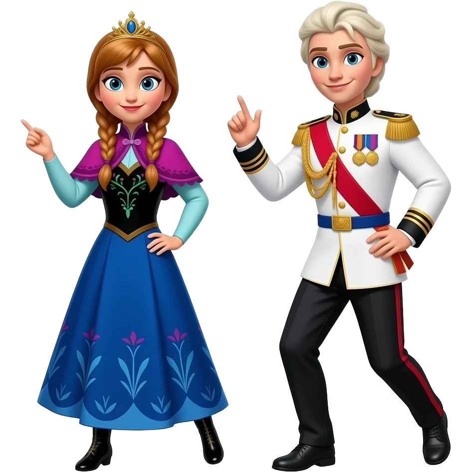 Elsa arendelle and Anna arendelle from disney frozen movie are same wearing gold tiara white military tunic arm badge shoulder cord medal red sash blue belt black trouser with both side red stripe white shoes and they both dancing of kadhal kondein tamil Indian flim 2003 emoji
