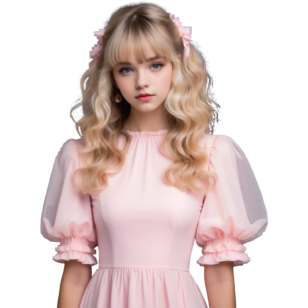white or light brown girl with bangs, long light brown hair with curly blonde highlights, wearing a pastel pink dress with puff sleeves emoji