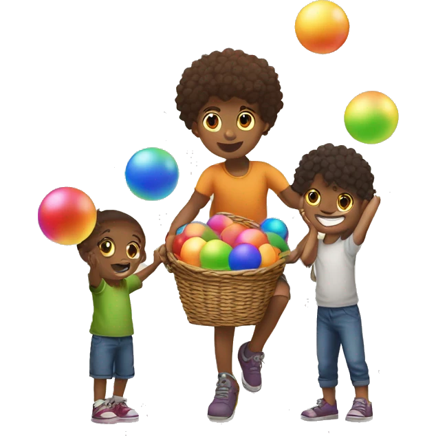 Kid holding another kids feel while other kid is holding a basket and trying to catch all the rainbow balls into the basket on the geound emoji