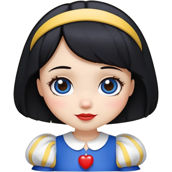 A cute chibi-style emoji of Snow White, with a slightly darker skin tone, short black bob haircut, no apple in her hand, wearing her iconic blue and yellow dress with puffed sleeves and red accents. Inspired by the 2025 Disney Snow White live-action look. Big round eyes, small smile, kawaii facial expression. Simplified details for emoji use, smooth vector lines, soft shading, white background, head slightly larger for cuteness. emoji
