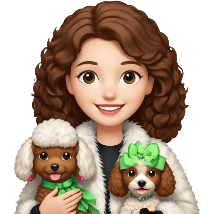 A white girl smiles a broad smile. She parts a long brown hair in middle. and she wears a white fur jacket. She also holds a brown poodle. emoji
