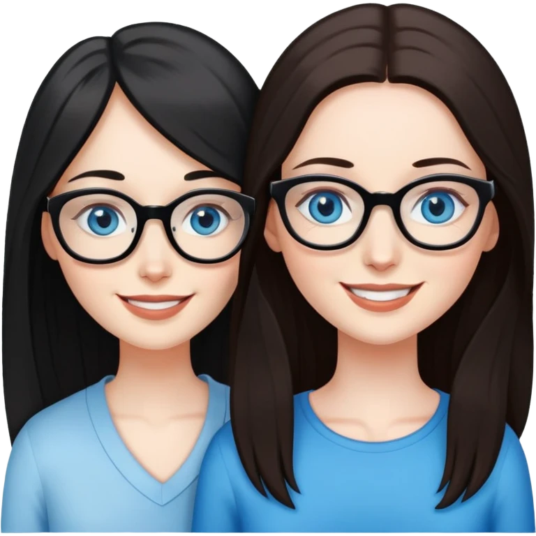 White skin long black haired woman with blue eyes and a white skin long brown haired woman with blue eyes and glasses in love emoji