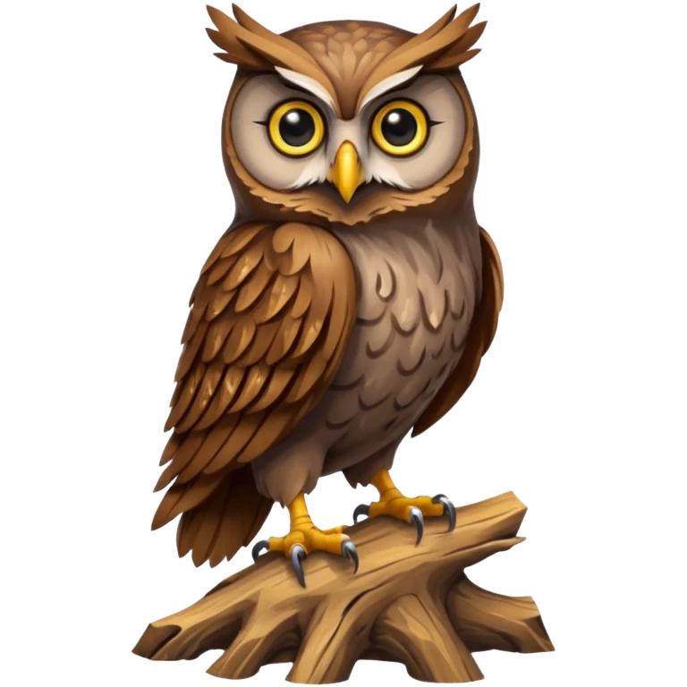A majestic owl with wide eyes sitting silently on a stump. emoji
