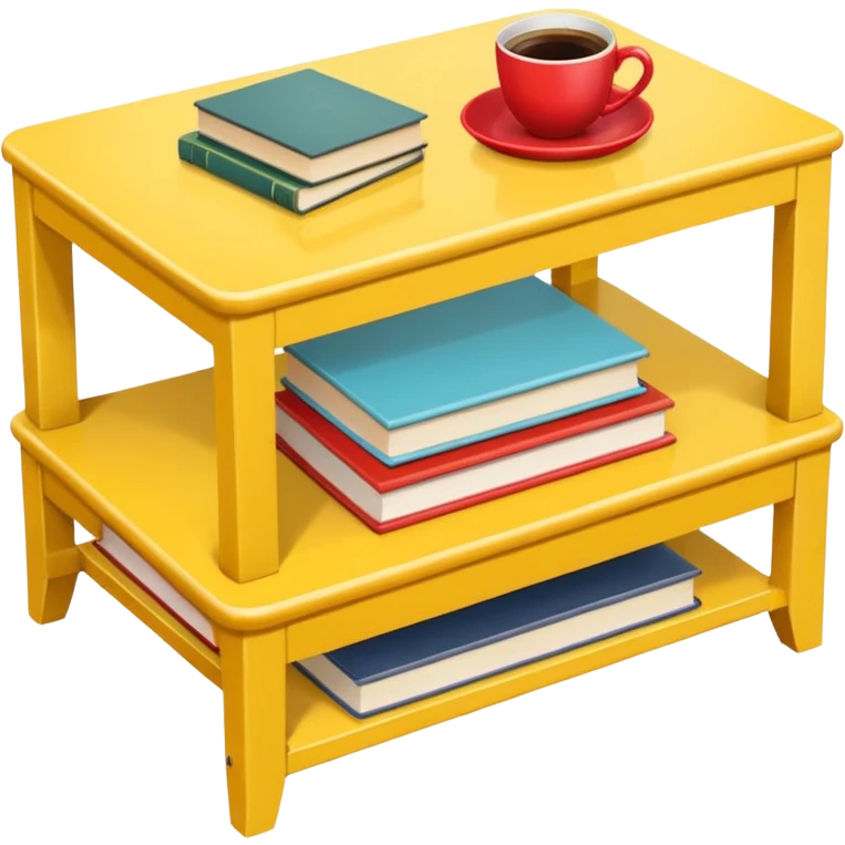 yellow coffe table, coffee on top, books under table
 emoji