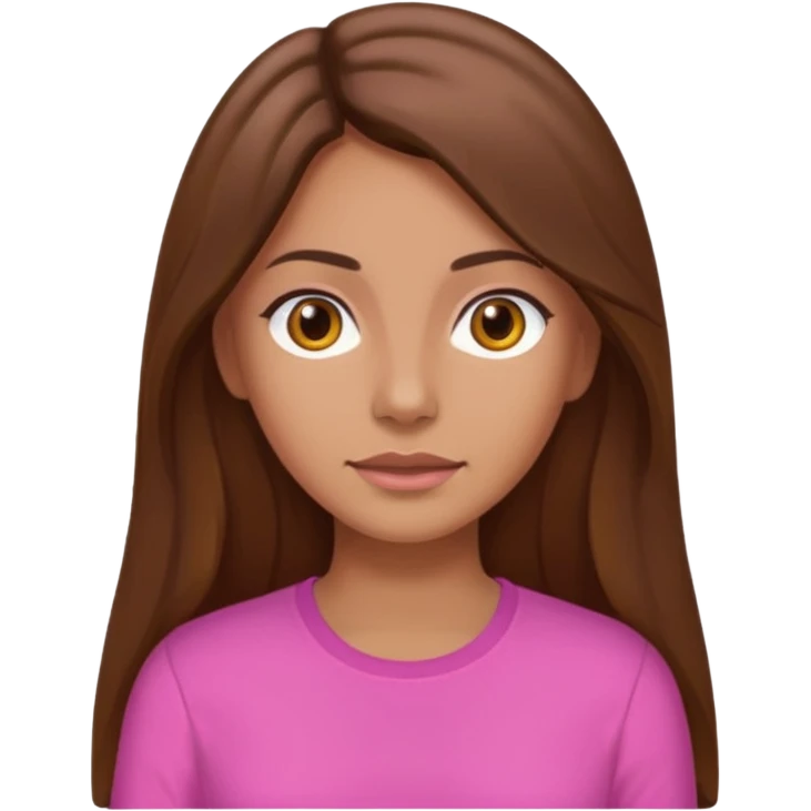 A tan woman with long brown hair and brown eyes with a pink shirt and her hair is in a middle part emoji
