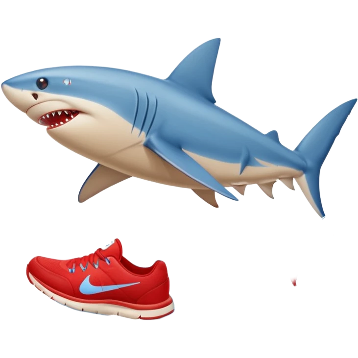 Blue shark with three red Nike shoes running on the beach emoji