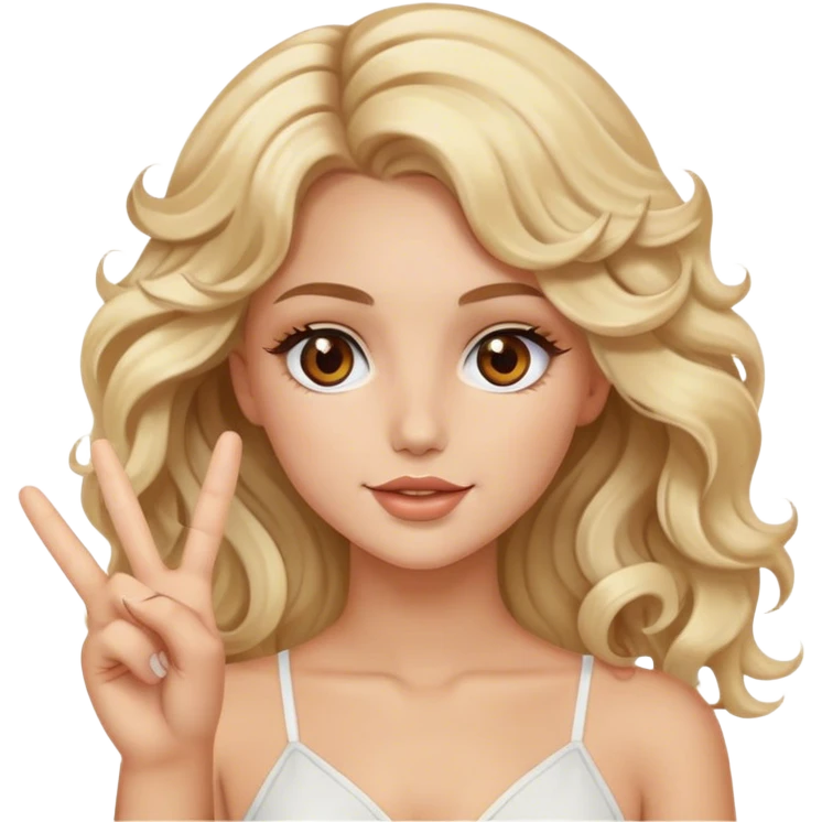 Luxury blonde model, brown eyes, wavy hair, peace sign emoji