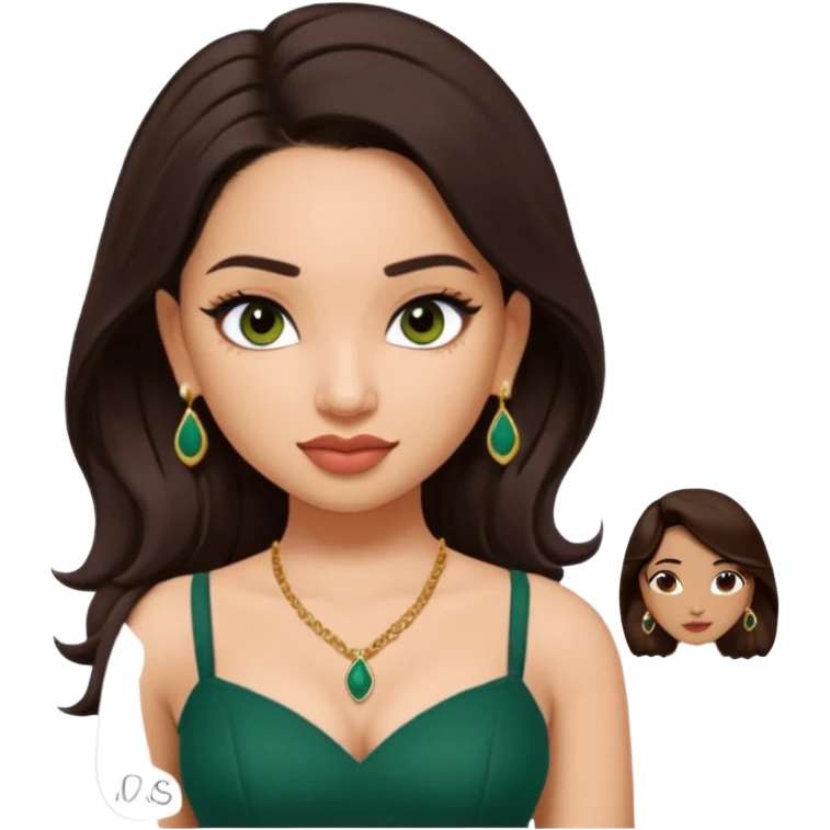 pretty bratz genmoji that looks like tamannah bhatia (bollywood actress), wearing a dark green sweetheart neckline top, dark brown hair, light makeup, no necklace, dangly earrings, side hair part, dark brown eyes, with tattoos emoji