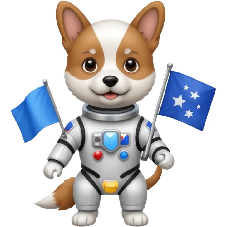 a dog in space suit, holding blue rectangle flag emoji