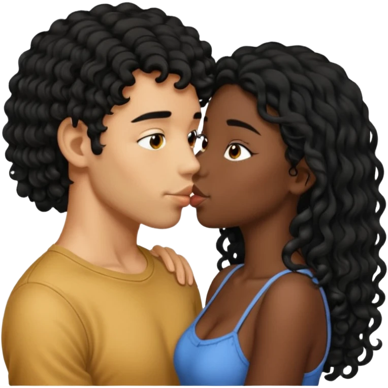 À string man with short straight black hair kissing a shorter girl with long black curly hair emoji
