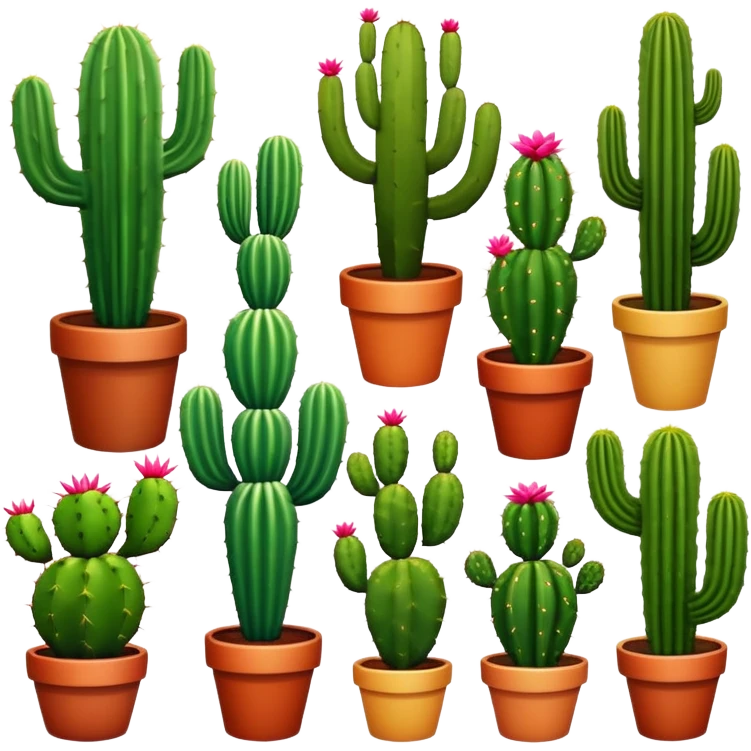 6 cacti, each more spectacular than the last, no background, emoji