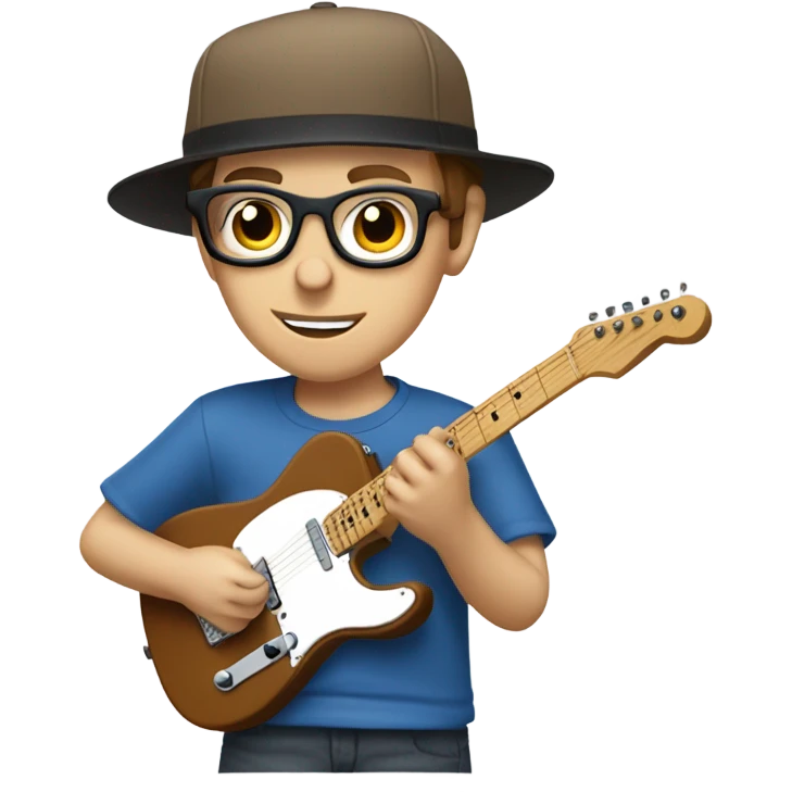 A nerdy white guy with glasses with short brown hair wearing a baseball cap playing a blue classic telescaster emoji