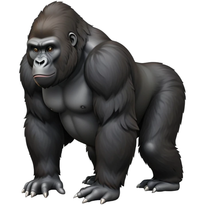 cinematic-gorilla-realistic-full-body-on-all-fours-emoji,-exuding-strength,-thick-dark-fur-in-the-light,-head-tilted-dramatically,-deep-friendly-eyes-filled-with-intense-intelligence,-simplified-yet-realistic-focused-features,-highly-detailed, zoomed out friendly  emoji