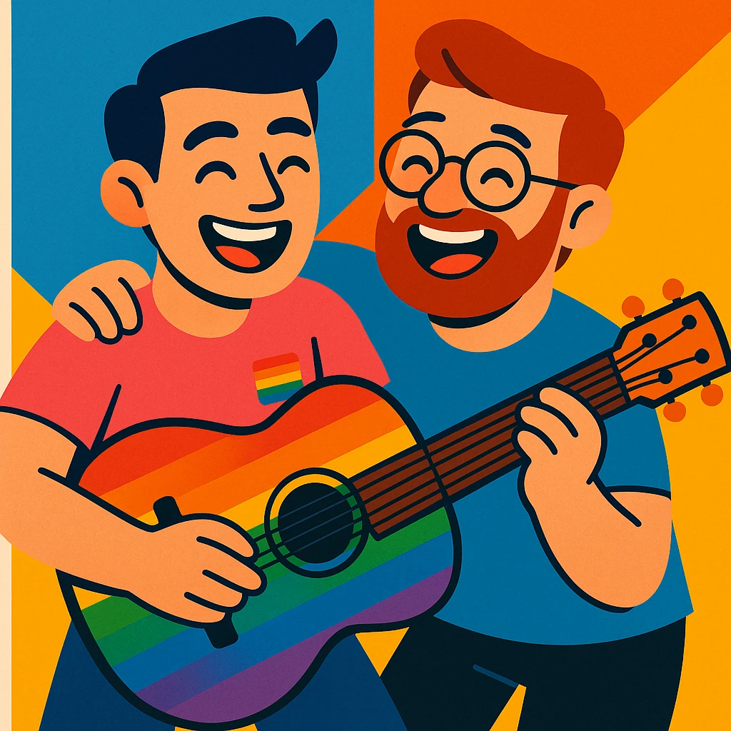 rainbow guitar being played by a joyful gay couple emoji