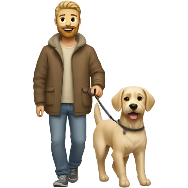 Bearded man taking his short hair beige dog for a walk  emoji