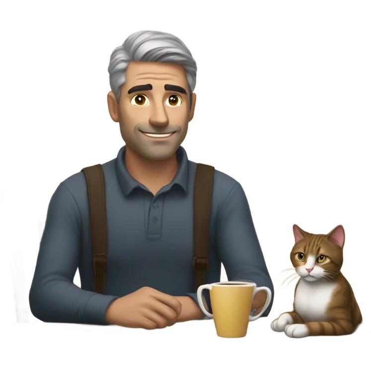 Man and cat sitting at table having coffee emoji