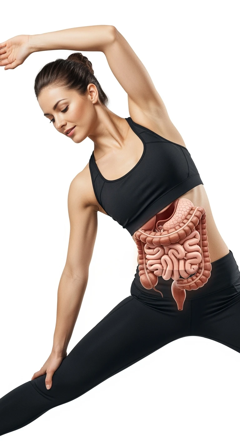 donna che fa stretching con intestino umano anatomico in evidenza, realistica 4k sfondo bianco emoji