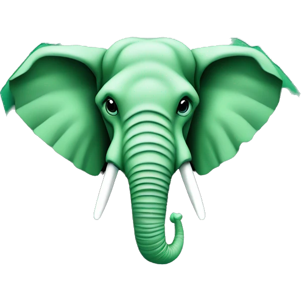 A Green elephant's head looking straight on against a background of a granite hexagon, the elephant's ear has a PHP logo tattoo emoji