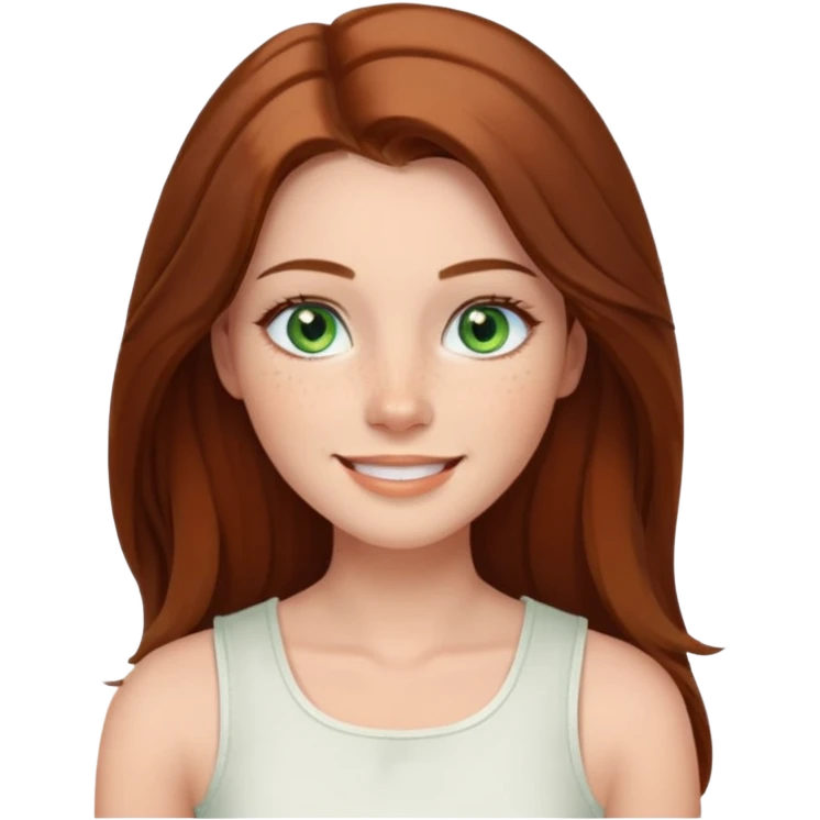 emoji of a confident woman named Freya McOmish, smiling, green eyes, long hair with a center part, subtle freckles, modern casual style, broad shoulders, wearing a white sleeveless square neck top emoji