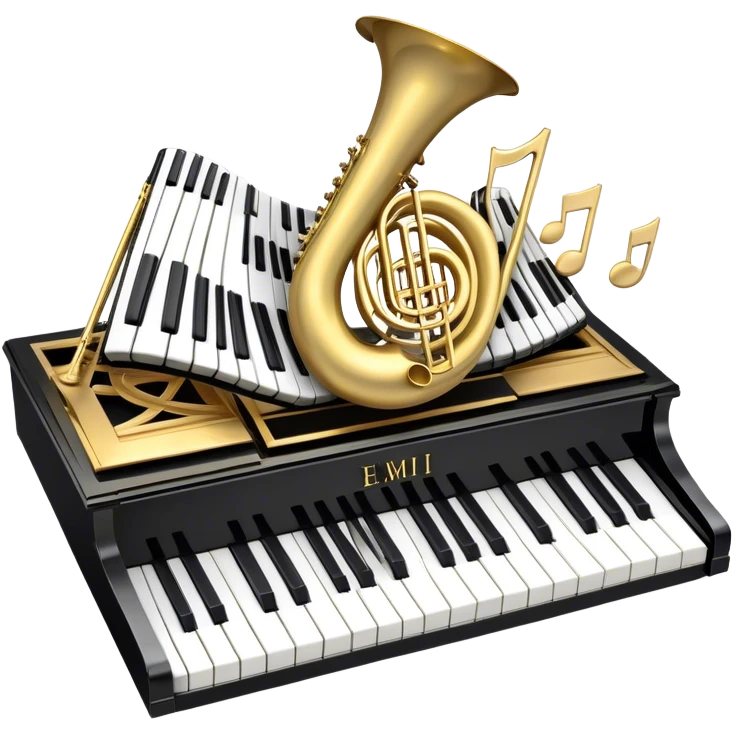 Create a detailed and elegant emoji collage representing keyboard instruments in a celebratory and professional style, reminiscent of a coat of arms. The design should feature a central arrangement of black and white piano keys, forming a symmetrical, powerful image. Around the keys, include a flowing ribbon of musical notes that intertwines with the keys, creating a sense of movement and harmony. Use gold and silver accents to highlight the keys and musical notes, giving the design a festive, high-quality appearance. The design should convey professionalism, elegance, and a sense of occasion. Add subtle reflections on the piano keys to enhance the polished look. The background should be transparent. emoji