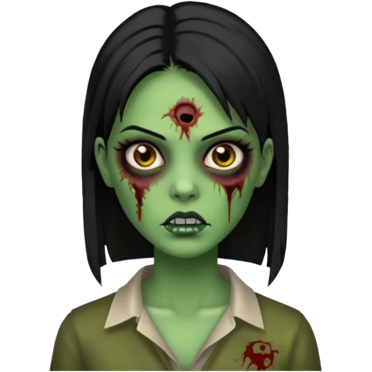 Faça uma zombie mulher bonita verde com olhos castanhos cabelos pretos partido ao meio liso com estilo de y2k baddie emoji