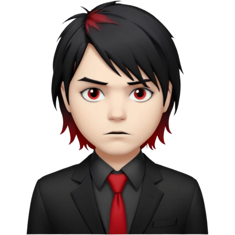 🎨 Classic Emoji — Gerard Way (Revenge Era)
Round, simplified emoji style
Pale skin tone
Jet-black, shoulder-length hair messy and emo
Heavy eyeliner and slight red shadow under the eyes
Subtle serious / melancholic expression
Hint of red tie visible on black button up shirt.
Transparent background emoji