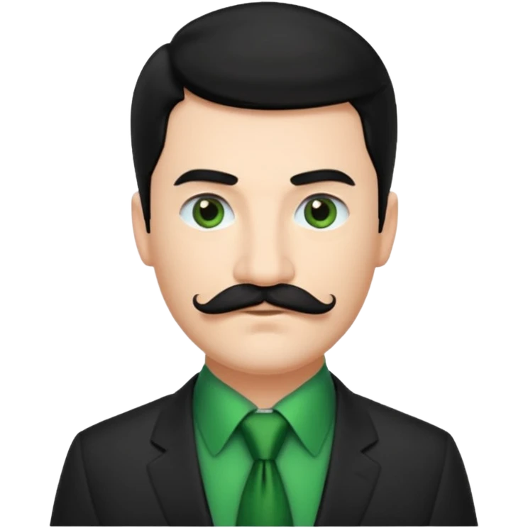 ["Fair-skinned man with black hair and a moustache, wearing a dark suit and green tie."] emoji