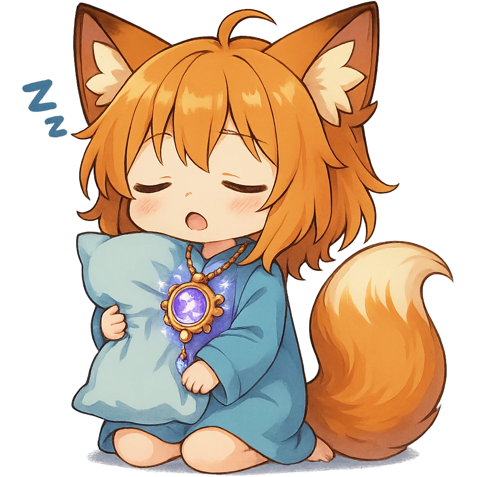 Add a magical sparkling amulet to the chibi sleepy fox. Keep the background transparent. emoji