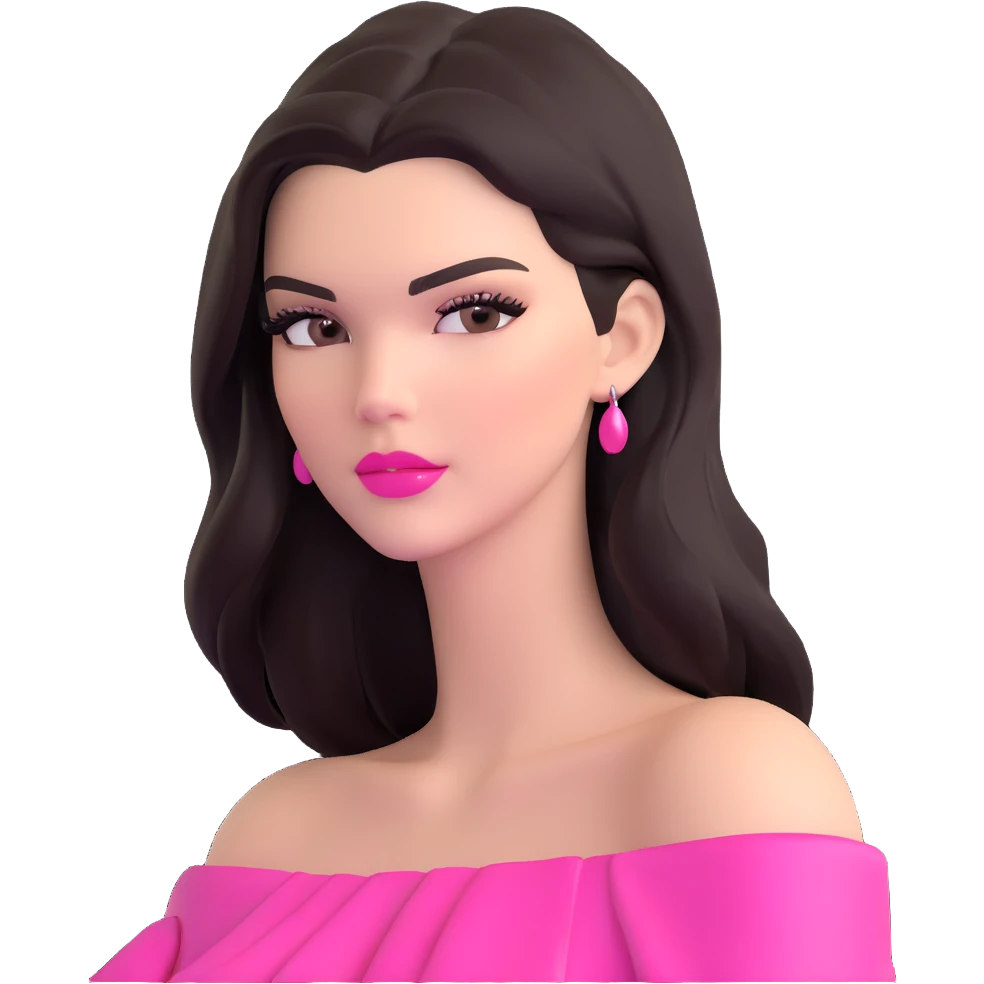 Kendall Jenner supermodel, longer face, long dark hair, bright pink glossy lipgloss, rosy pink blush, bare shoulders emoji
