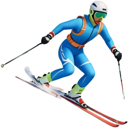 An icon featuring snowy peaks, pine trees, and a picturesque mountain landscape with a skier racing down a snow-covered slope. The sky is blue with soft clouds, capturing the thrill and beauty of alpine skiing. Transparent background highlights the excitement and serenity of winter sports. emoji