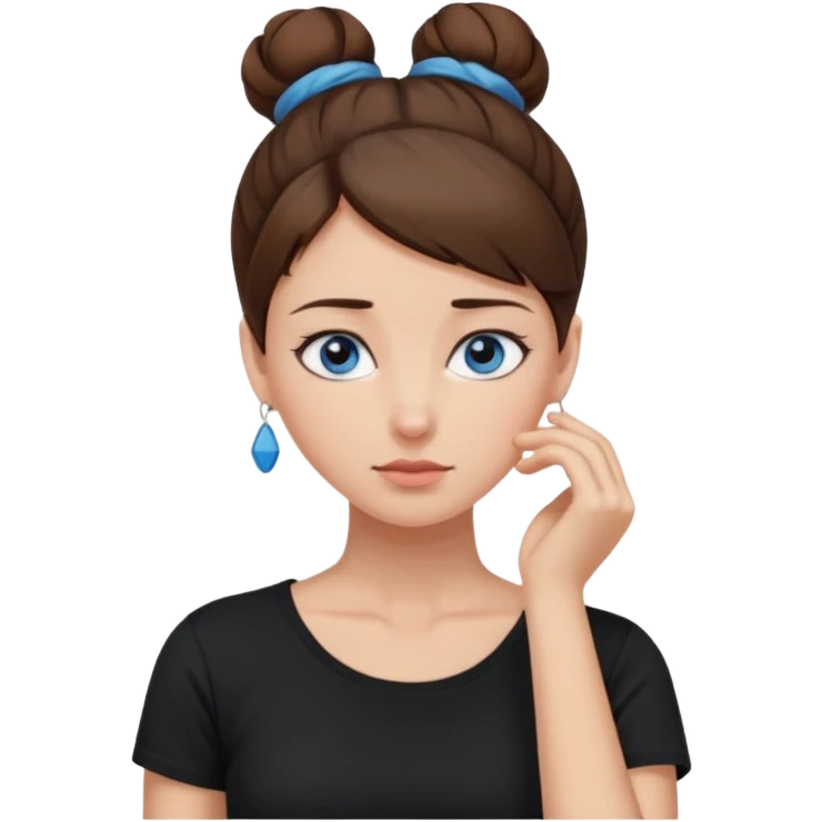 apple style emoji of a woman with blue eyes, brown hair in a bun, one hand on her neck in discomfort, wearing a black T-shirt emoji