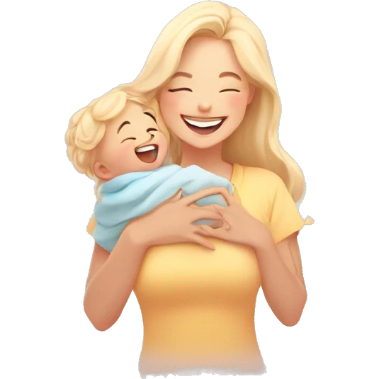 young mother with blonde hair, waist-up portrait, joyfully lifting baby in the air, smiling, soft lighting, kawaii style, chibi art style, emoji aesthetics, solid color background, minimalist, clean lines, vibrant colors, cute, wholesome emoji