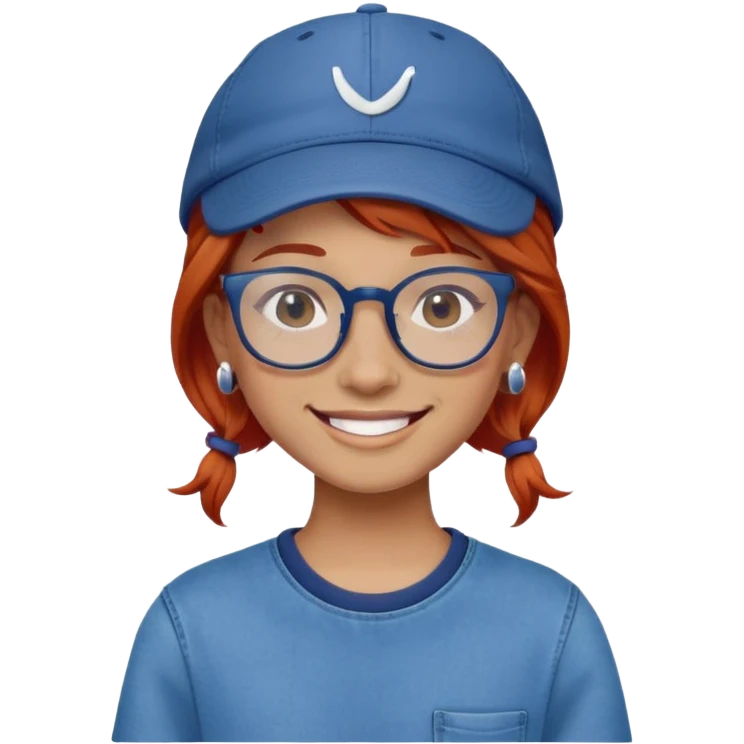 Young person with red hair, glasses, earrings and a wonderful smile, wearing blue clothes, jeans and a cap emoji