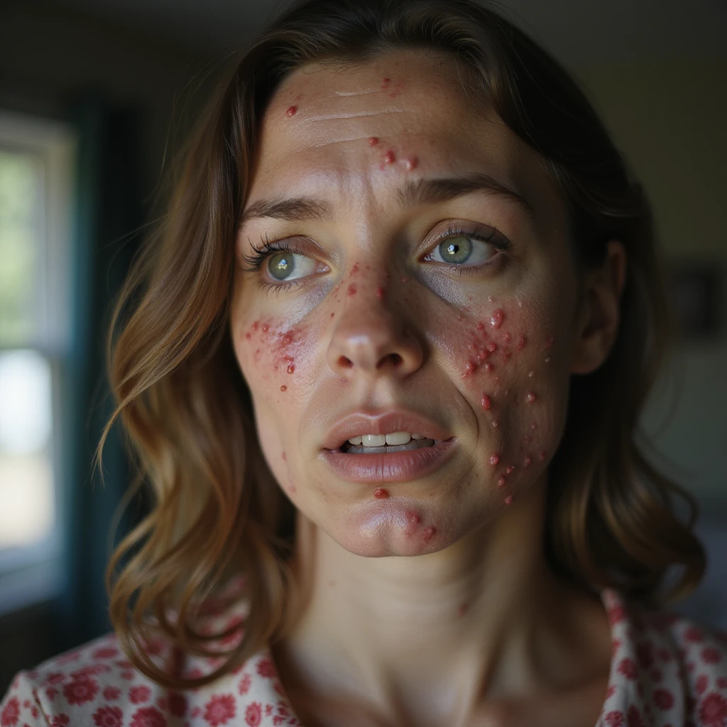 hyperrealistic 4K detailed image of a woman with estrogen and progesterone hormonal imbalance, face with acne concentrated on chin and jawline, shiny skin, worried expression, domestic environment emoji