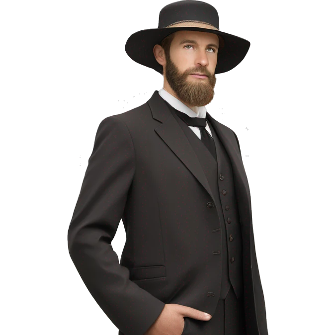 amish brown straw hat and small beard without mustache white skin black plain suit half body one photo  emoji