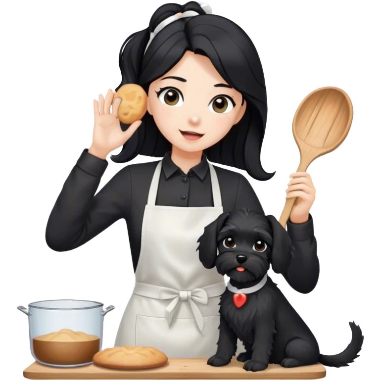 pale girl with long black hair wearing black long sleeve shirt wearing apron and baking holding black floppy ear schnauzer emoji