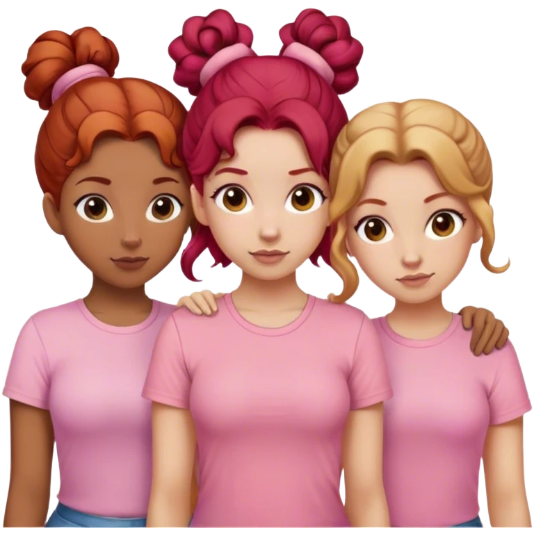 Three sisters one of them have red hair with buns. One of them have dirty blonde hair with ponytail. One of them have white curls with brown hair and they are all wearing pink shirts emoji