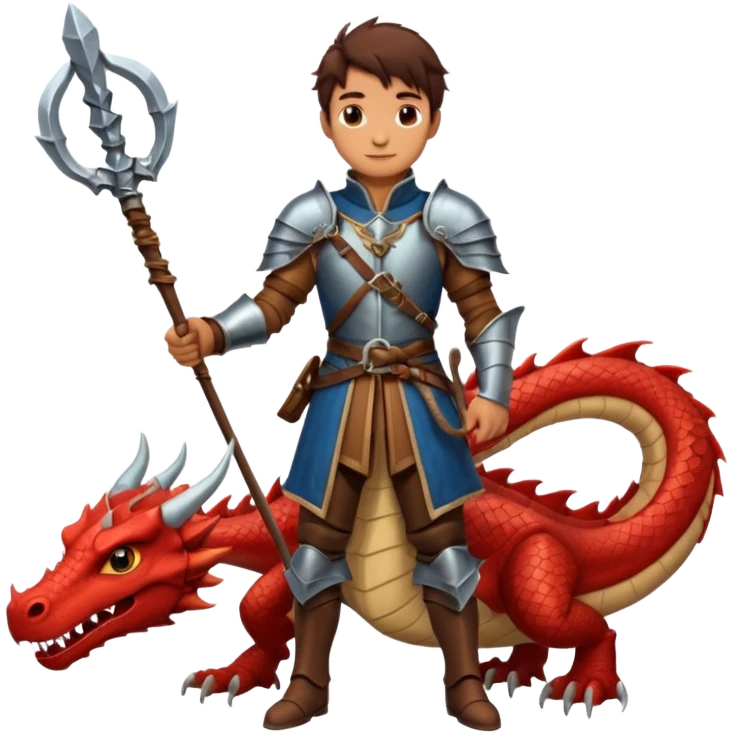 a dragon tamer with a whip in his hand in medieval time with a dragon next to him emoji