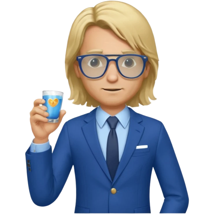 A blond man in a blue suit with a Colt pointing forward. The audience , and long hair and Rayban glasses emoji