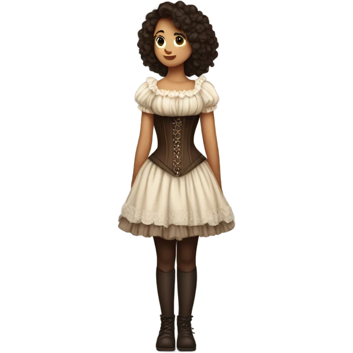 a light girl with dark brown hair standing with her back tied an old corset on a fluffy dress emoji