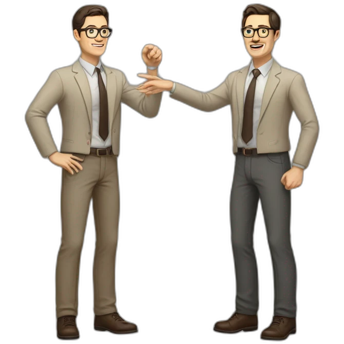 Full height Actively gesturing with hands Pale skinned fit man with dark brown hair in gray jacket, beige office shirt, brown tie, brown pants and vintage glasses. emoji