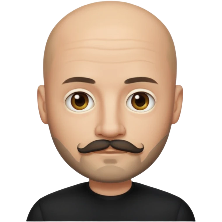 Oliver Riedel, apple style emoji, bald, with a mustache and goatee, reserved look, black clothing emoji