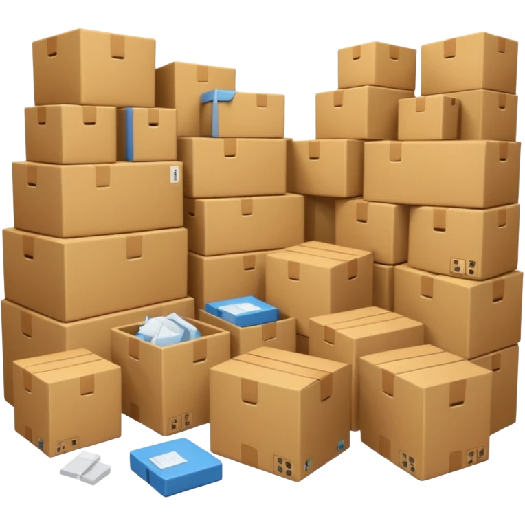 Generate a realistic emoji-style of a overfilled storage room where the packages dont have much space and everything seems chaotic emoji