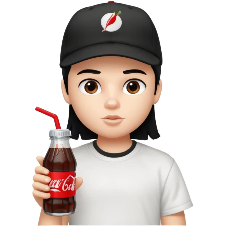 generate a pretty bratz boy with a nike black baseball cap, a white tshirt and drinking coke , black hair emoji