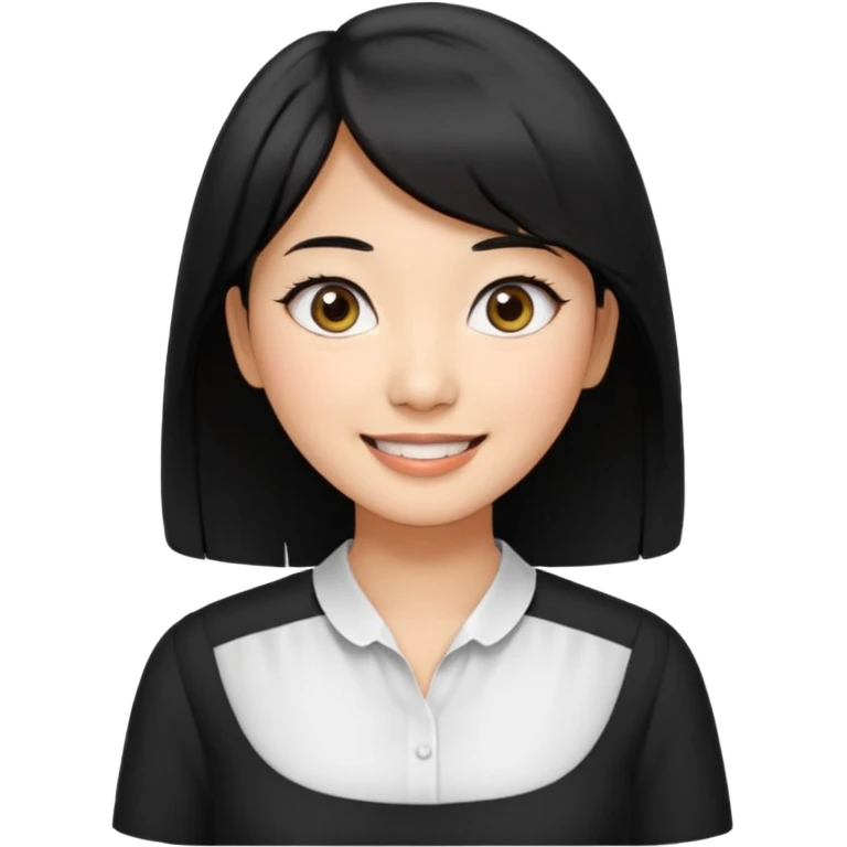 30 yr old asian woman center parted hair big eyes big smile tanned skin straight black hair hippie part hair white blouse shoulder length hair middle parted hair few short bangs at front emoji