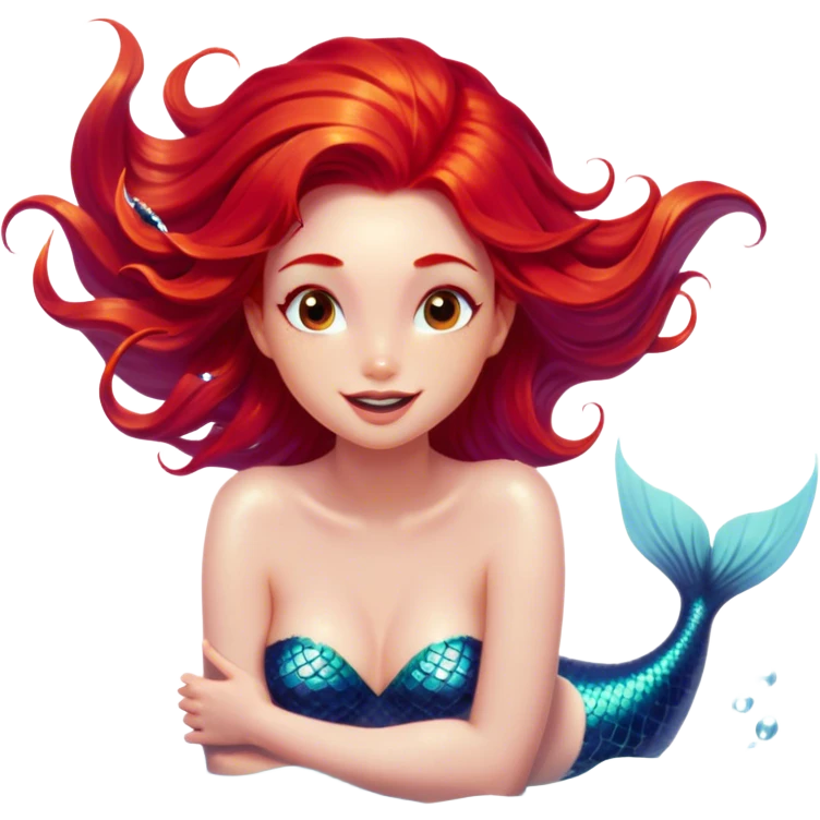 Cinematic Realistic Red Hair Mermaid Portrait, head tilted dramatically with an exaggeratedly amused expression, featuring a striking, vibrant form with meticulously detailed, flowing red hair and luminous porcelain skin. Her expressive eyes burst with playful marine mischief, rendered with dynamic underwater lighting and vibrant textures that convey an air of cheeky oceanic whimsy and over‐the‐top mermaid charm. emoji