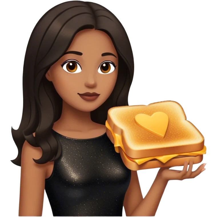 Beautiful woman in 1950’s woman fashion look, black shimmery dress, long dark brown hair, grilled cheese sandwiche emoji