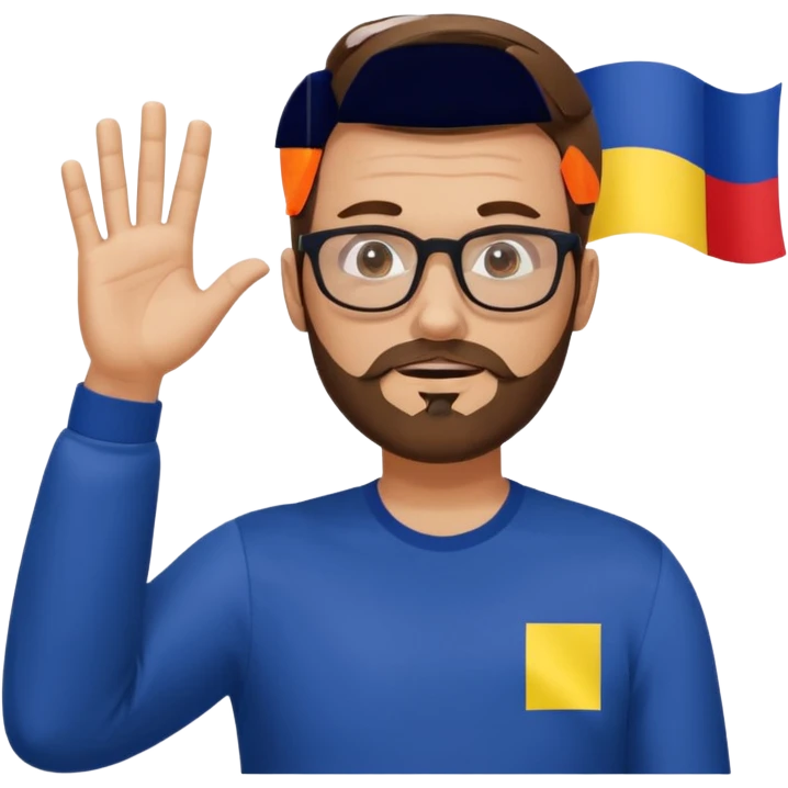 A brown-haired man with a designer stubble beard and rectangle glasses. He pose to show him shrugging - raise both shoulders up in a "I don't know" gesture, In the background the Romania flag. emoji