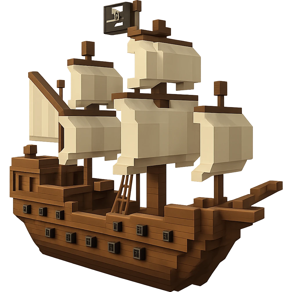 A detailed pirate galleon with multiple sails and cannons, clean geometric 3D style emoji