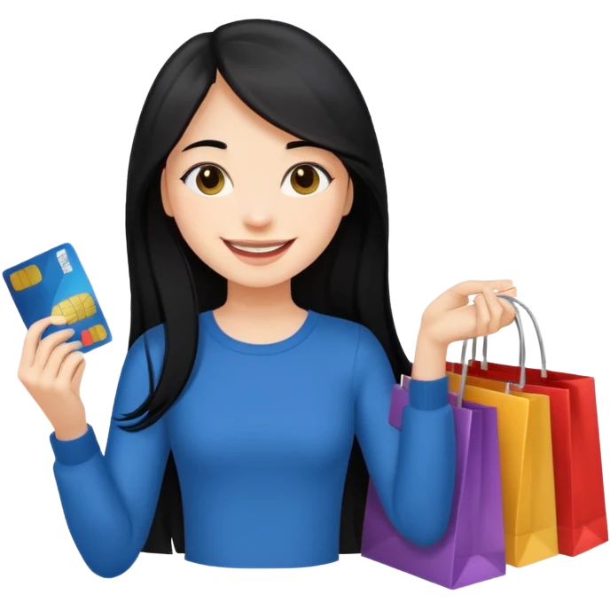 Girl with long black hair holding shopping bags and credit card emoji